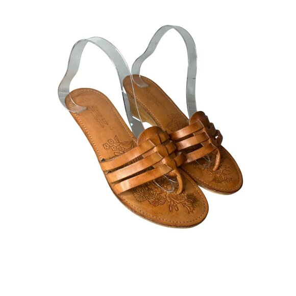 Step Up Slip On Wedge Sandals Tan Sz 10 Open Toe Floral Embossed Sole Strappy - Picture 1 of 9